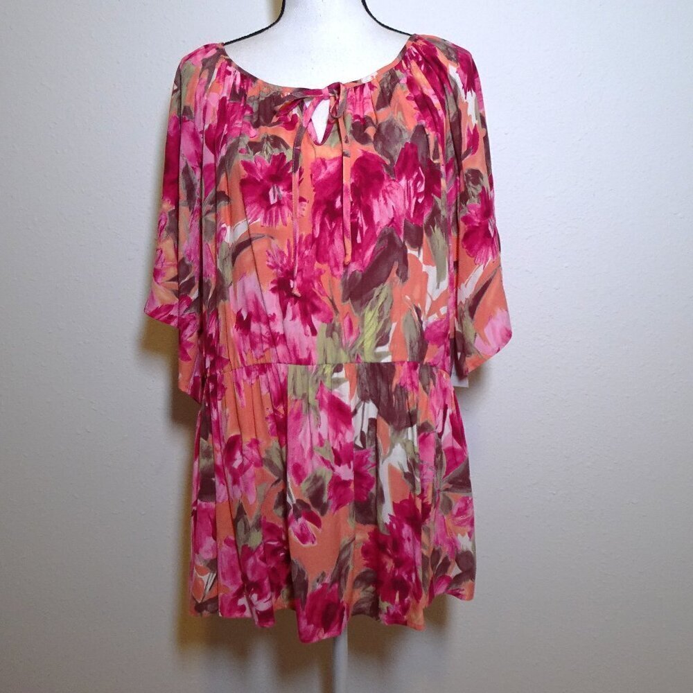Karen Kane Floral Top Women's Plus Size 1X Pink Ruffle Hem Flowy Boho Peasant